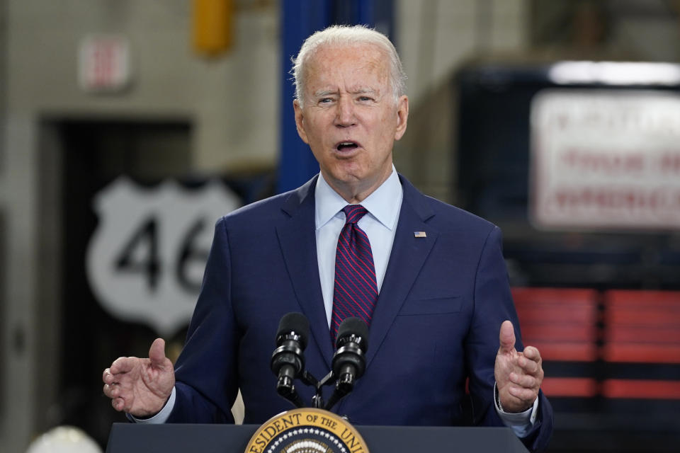 FILE - In this June 29, 2021, file photo President Joe Biden speaks about infrastructure spending at the La Crosse Municipal Transit Authority in La Crosse, Wis. Wisconsin Republicans still reeling from an April election that saw conservatives lose majority control of the state Supreme Court hope to use their upcoming state convention to unify and refocus on the looming presidential race where Wisconsin will once again be a battleground. (AP Photo/Evan Vucci, File)