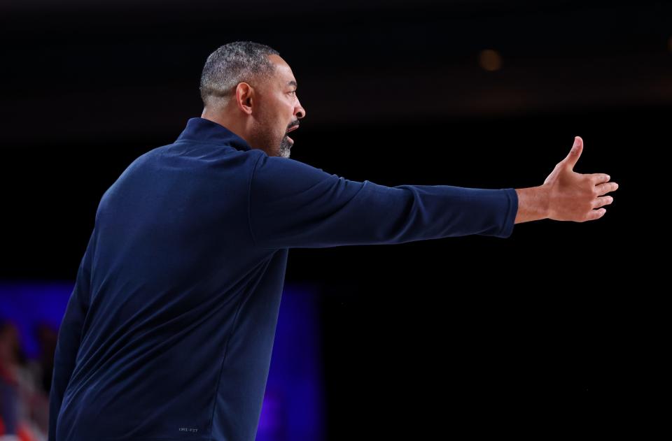 Michigan Wolverines head coach Juwan Howard reacts during the first half against the Texas Tech Red Raiders at Imperial Arena in the Battle 4 Atlantis fifth-place game at Paradise Island, Bahamas, on Friday, Nov. 24, 2023.