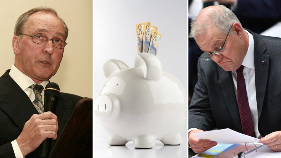 Pictured: Paul Keating, piggy bank with Australian cash superannuation concept, Scott Morrison.