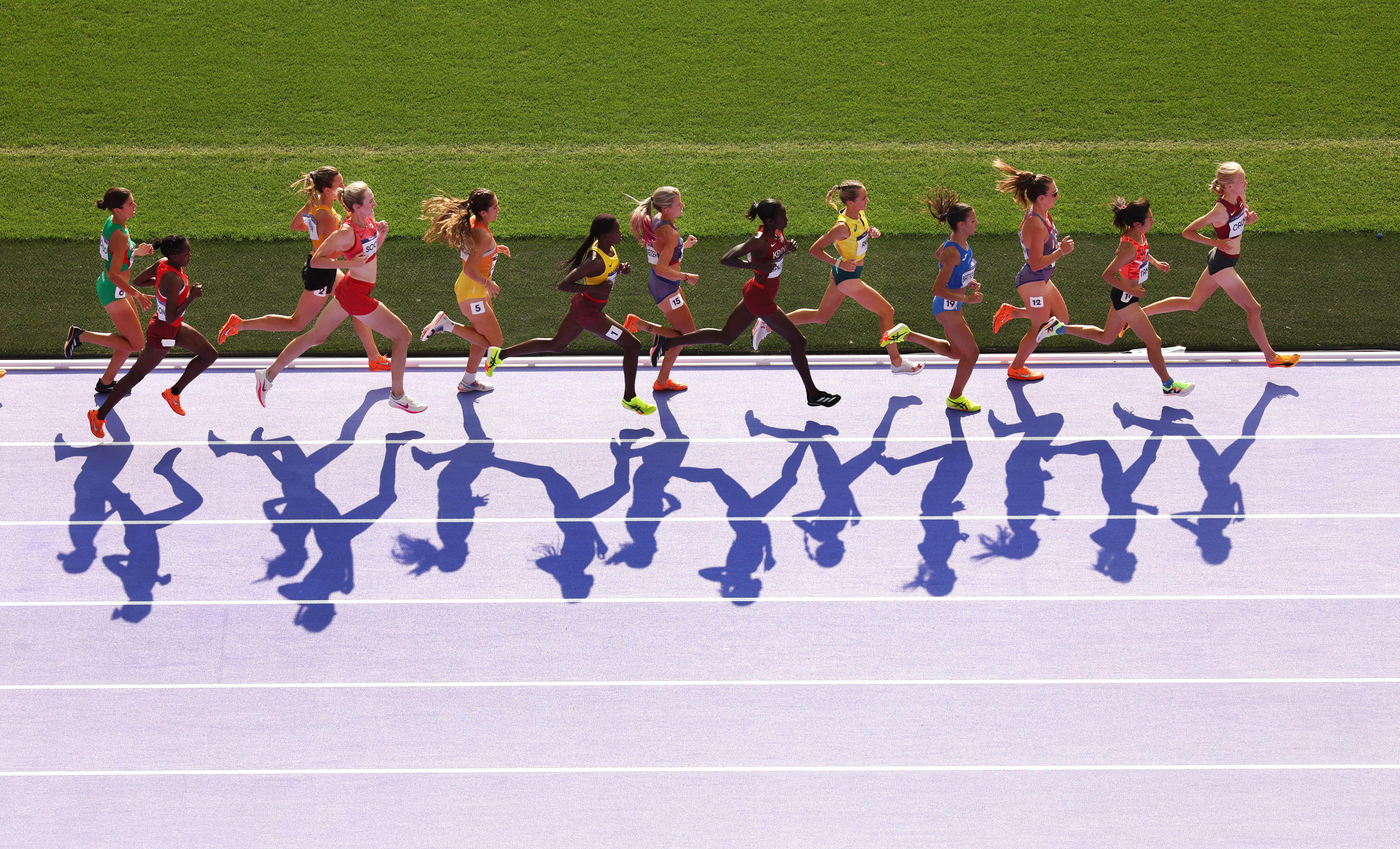 Athletes compete during  the during the Women's 5000 meter heats on day seven of the Olympic Games Paris 2024 at Stade de France on August 02, 2024 in Paris, France. (Patrick Smith/Getty Images)