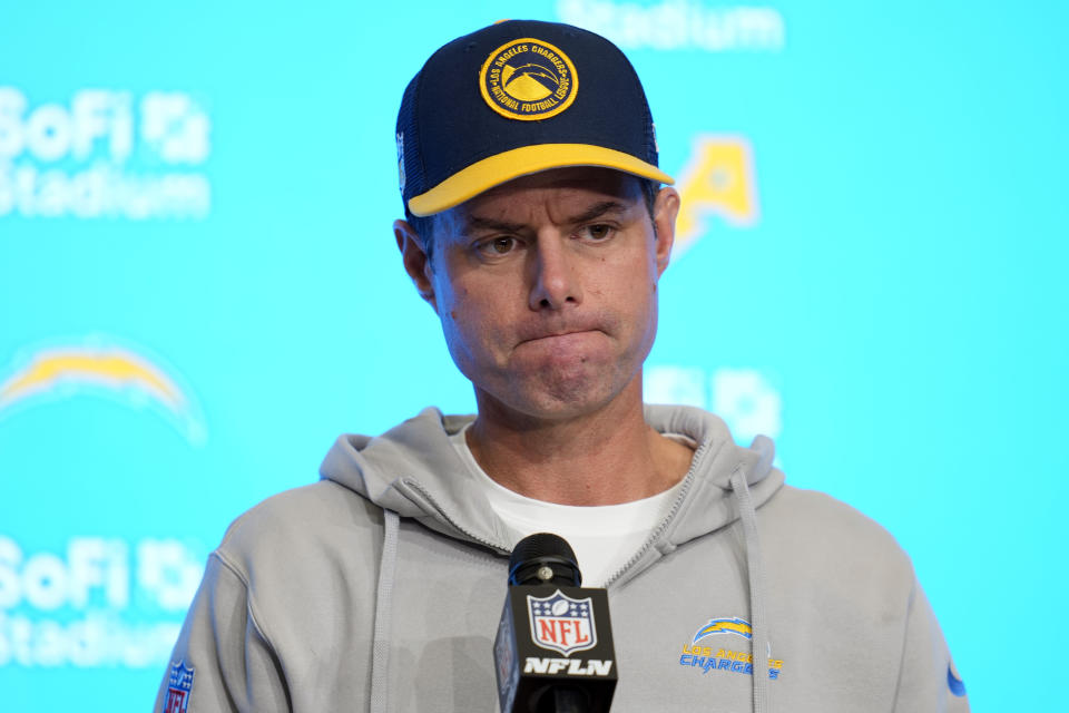 Los Angeles Chargers head coach Brandon Staley fields questions during a post-game press conference after an NFL football game against the Baltimore Ravens, Sunday, Nov. 26, 2023, in Inglewood, Calif. (AP Photo/Ashley Landis)