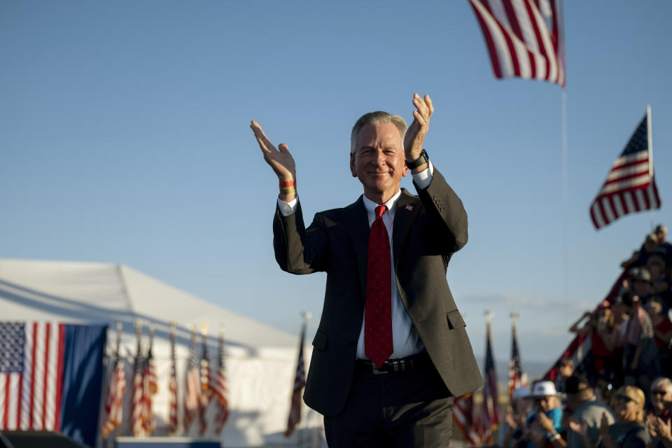 U.S. Sen. Tommy Tuberville, R-Ala., is introduced at a rally for former President Donald Trump at the Minden Tahoe Airport in Minden, Nev., Saturday, Oct. 8, 2022. Tuberville says that Democrats support reparations for the descendants of enslaved people because “they think the people that do the crime are owed that.” (AP Photo/Jose Luis Villegas)