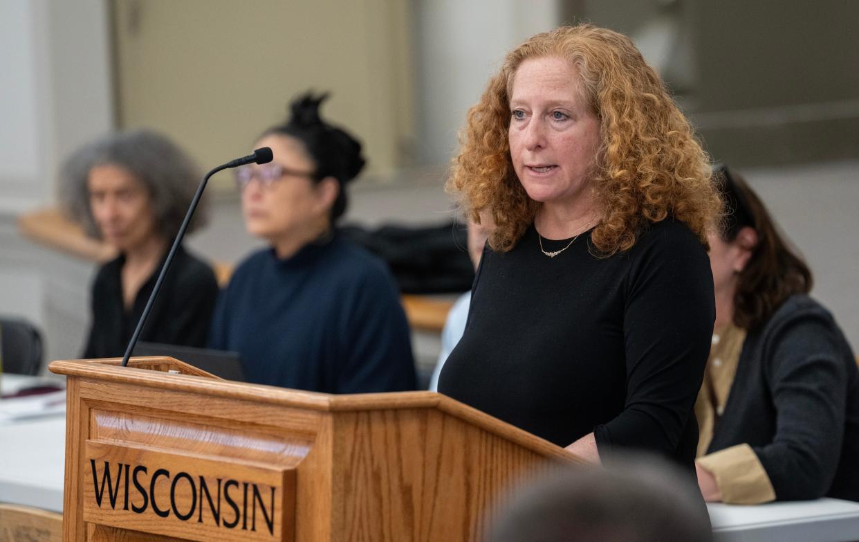 UW-Madison Chancellor Jennifer Mnookin speaks about campus protests during a Faculty Senate meeting Monday at the University of Wisconsin-Madison. Pro-Palestinian protesters have vowed to stay camped on Library Mall until their demands are met for UW-Madison to divest from companies with ties to Israel.