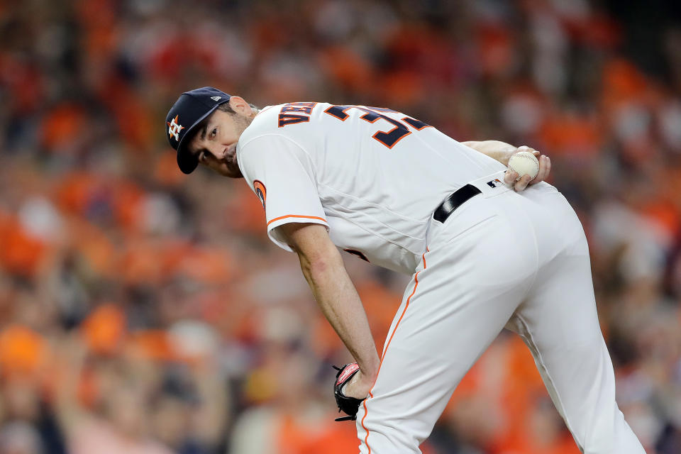 HOUSTON, TEXAS - OCTOBER 29:  Justin Verlander #35 of the Houston Astros looks to first base against the Washington Nationals during the third inning in Game Six of the 2019 World Series at Minute Maid Park on October 29, 2019 in Houston, Texas. (Photo by Elsa/Getty Images)