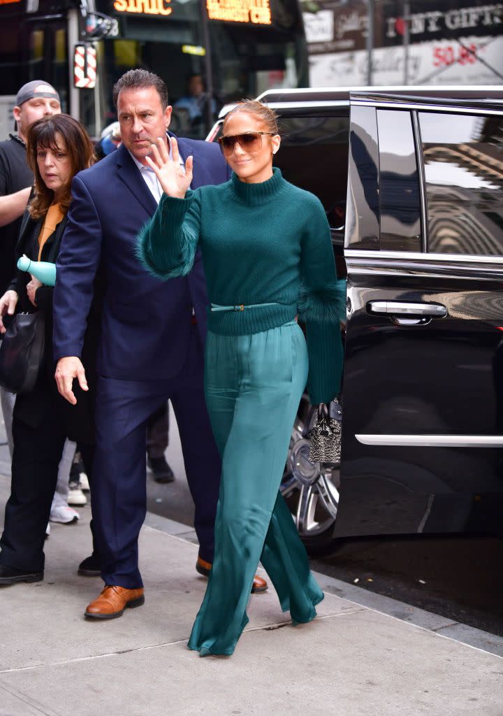 <p>While her red carpet outfits are phenomenal, J.Lo's street style shouldn't be overlooked. Here, she stunned in a cool monochromatic teal ensemble in NYC. </p>