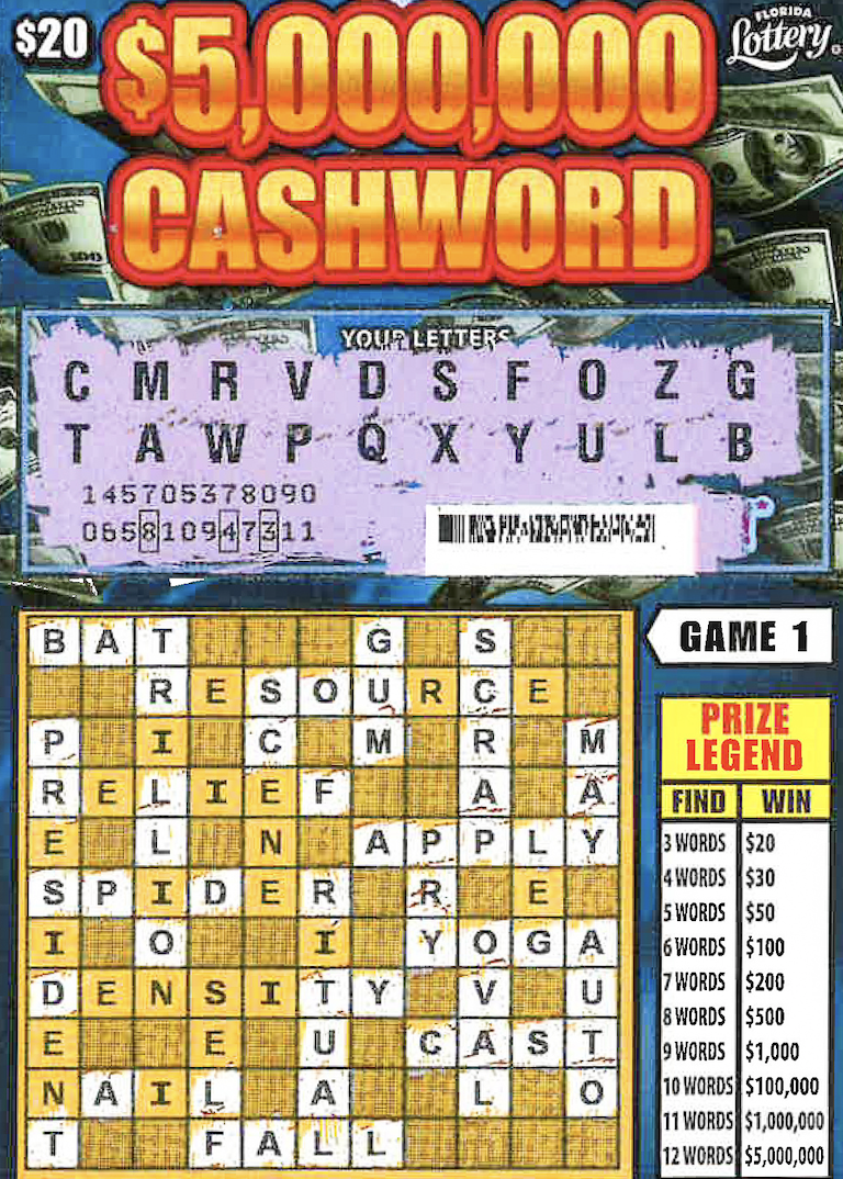 This is the top portion of Dawn Lamb's winning Cashword scratch-off ticket.
