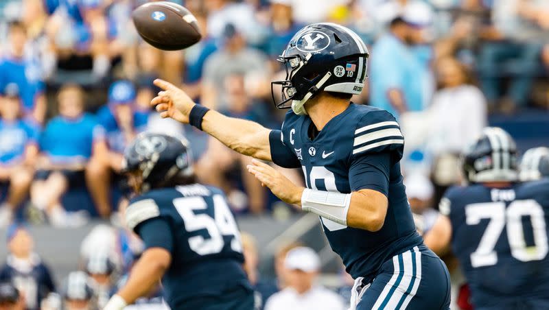 Brigham Young Cougars quarterback Kedon Slovis (10) throws the ball during the game against the Southern Utah Thunderbirds at LaVell Edwards Stadium in Provo on Saturday, Sept. 9, 2023.