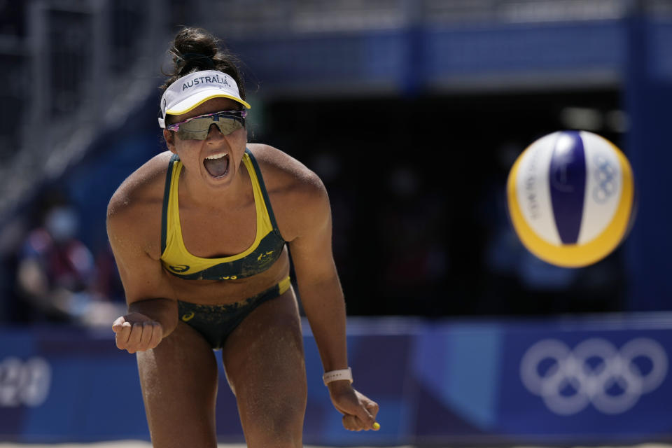 Mariafe Artacho del Solar, of Australia, celebrates a point during a women's beach volleyball semifinal match against Australia at the 2020 Summer Olympics, Thursday, Aug. 5, 2021, in Tokyo, Japan. (AP Photo/Felipe Dana)