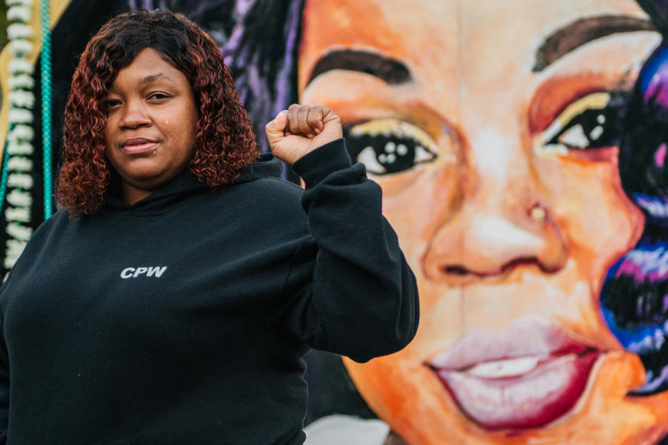 LOUISVILLE, KY - SEPTEMBER 21: Tamika Palmer, mother of Breonna Taylor, poses for a portrait in front of a mural of her daughter at Jefferson Square park on September 21, 2020 in Louisville, Kentucky. Demonstrators gathered to prepare for possible unrest in wake of the Grand Jury decision regarding the officers involved in the killing of Breonna Taylor. Taylor was fatally shot by Louisville Metro Police officers during a no-knock warrant at her apartment on March 13, 2020 in Louisville, Kentucky. Demonstrators have occupied the park for 118 days. (Photo by Brandon Bell/Getty Images)