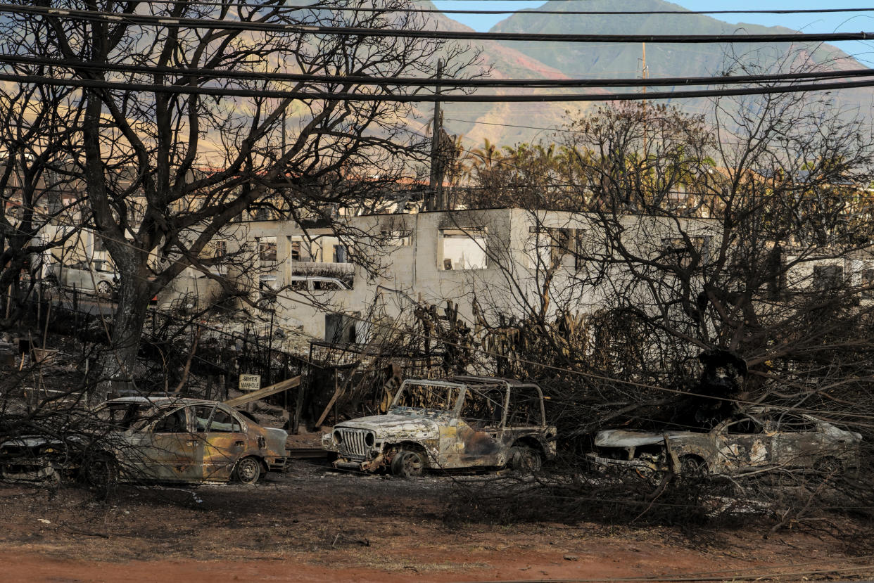 Burnt cars and buildings in Lahaina town Maui, Hawaii on Aug. 16, 2023. (Josiah Patterson for NBC News)