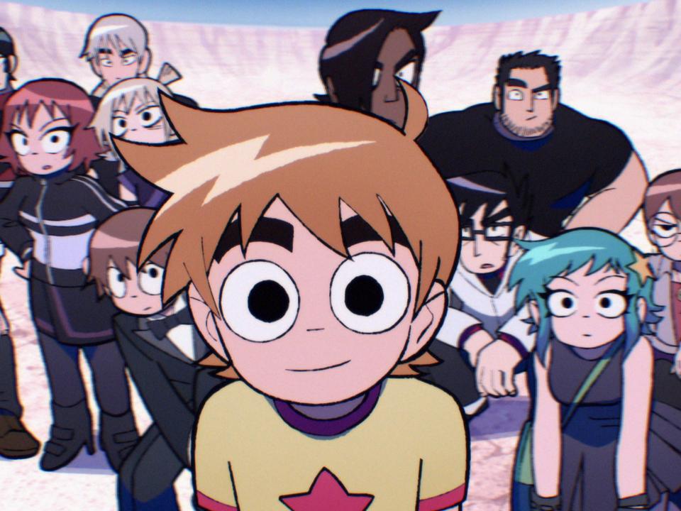 scott pilgrim in the anime, surrounded by his friends, and ramona's assorted exes in the background in the middle of a crater