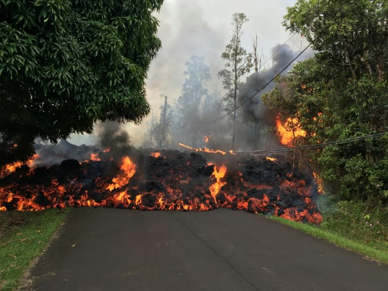 Lava from the Kilauea Volcano flows across a street on Hawaii's "Big Island"