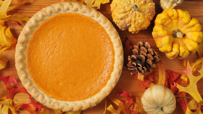 sweet potato pie on seasonally decorated table