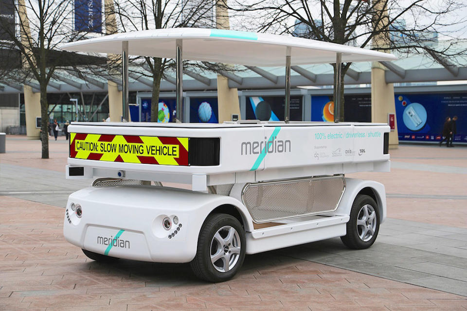 A French robotics company called Induct developed the Navia shuttle, a vehicle more in tune with self-driven runs through campuses and parks than highways. These vehicles learn proscribed routes and scan for obstacles using LIDAR sensors, while moving along at speeds up to 13MPH.

The UK has been testing a rebrand of Induct's vehicle, which it's calling Meridian. It's part of a government-sponsored initiative looking at driverless car projects, similar to the RRL's years before.