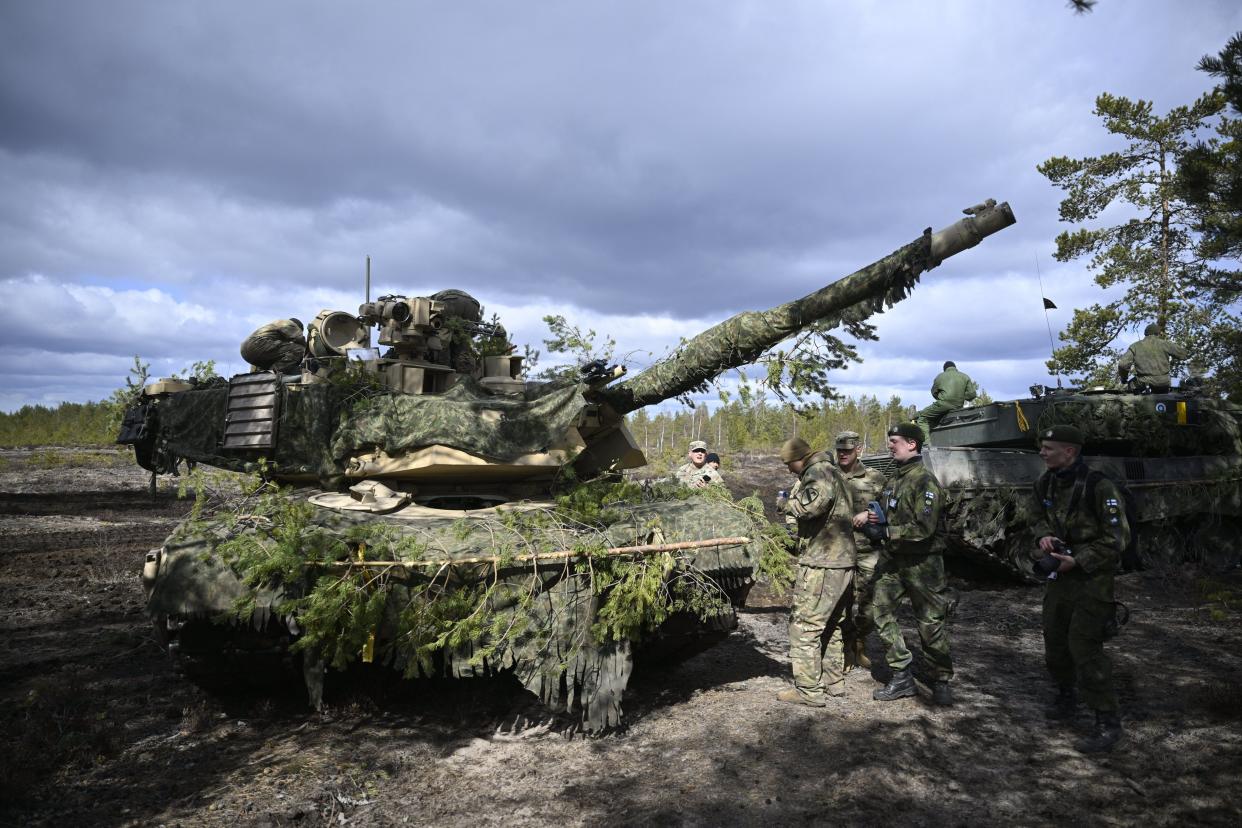 Ukraine’s President Volodymyr Zelenskiy said on Tuesday that US-made Abrams tanks had arrived in his country. (Lehtikuva/AFP via Getty Images)