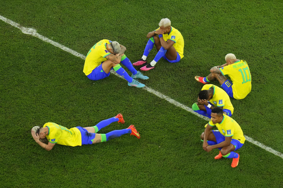 Brazil's players are dejected after losing the World Cup quarterfinal soccer match between Croatia and Brazil, at the Education City Stadium in Al Rayyan, Qatar, Friday, Dec. 9, 2022. (AP Photo/Petr David Josek)