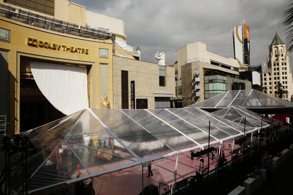 The Dolby Theatre and the red carpet are prepared for the 86th Academy Awards in Los Angeles, Wednesday, Feb. 26, 2014. The Academy Awards will be held at the Dolby Theatre on Sunday, March 2. (Photo by Matt Sayles/Invision/AP)