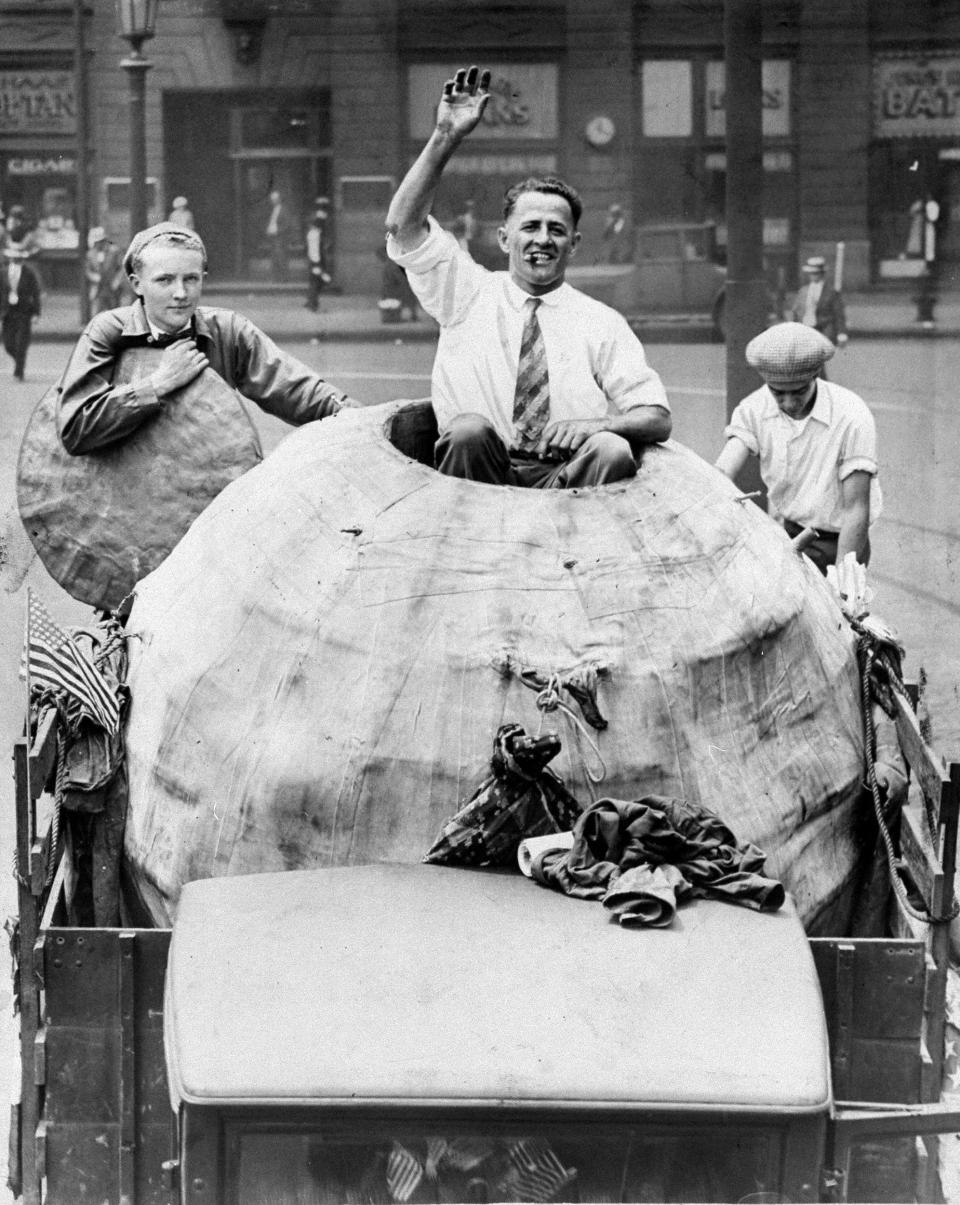 Jean A. Lussier in the big rubber ball he used to go over Niagara Falls in 1928.