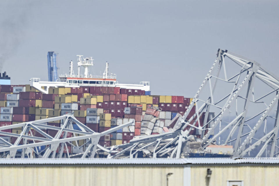 A view of the collapsed Francis Scott Key Bridge after a collision with a cargo ship in Baltimore, Maryland, on March 26, 2024. / Credit: Celal Gunes/Anadolu via Getty Images