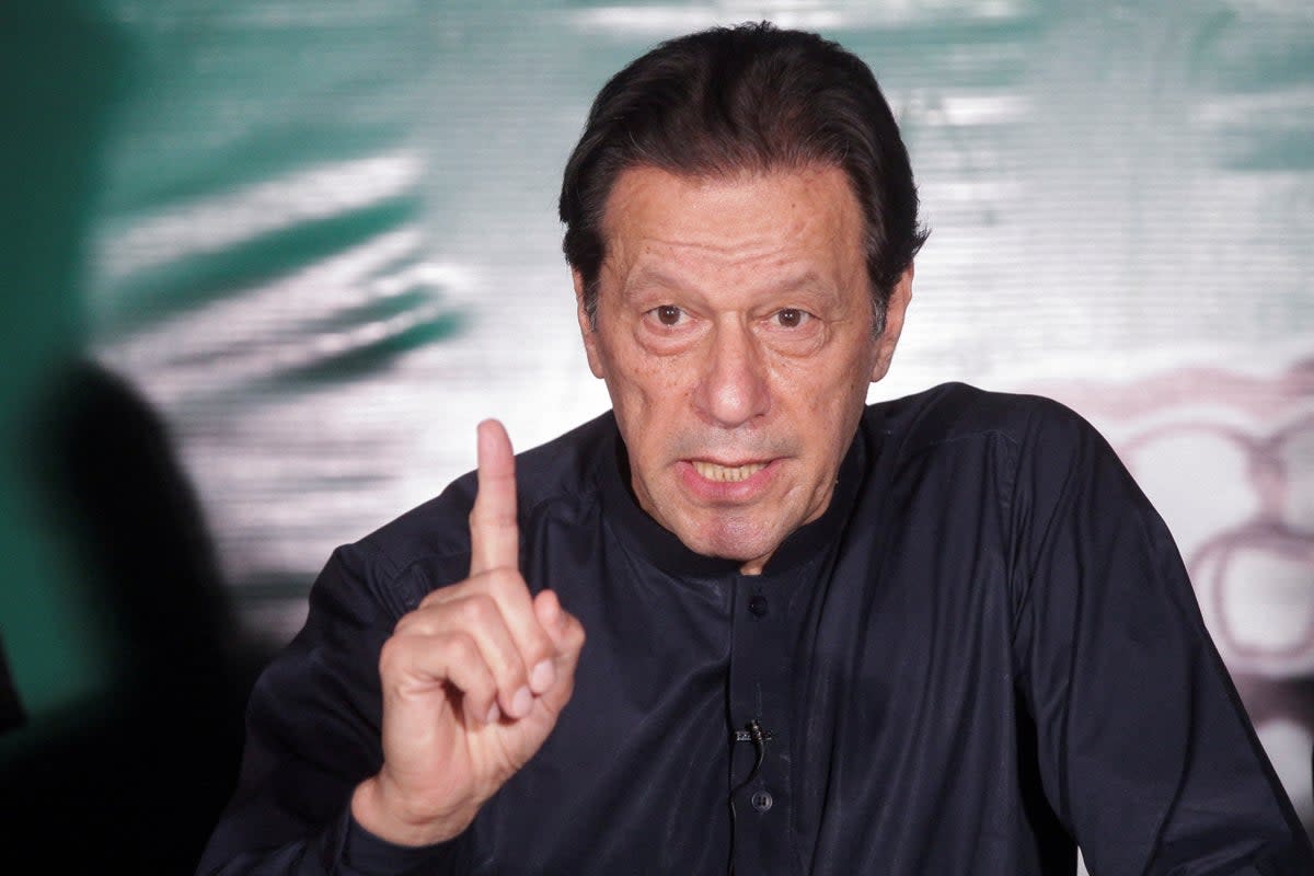 File. Pakistan’s former prime minister Imran Khan gestures as he speaks to the members of the media at his residence in Lahore on 18 May 2023  (REUTERS)