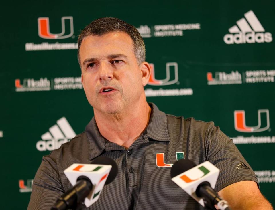 UM Hurricanes Football head coach Mario Cristobal gives his remarks during press conference at the Schwartz Center at the University of Miami in Coral Gables, Florida on Monday, August 28, 2023.