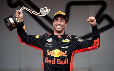 Circuit de Monaco, Monte Carlo, Monaco - May 27, 2018 Red Bullâ€™s Daniel Ricciardo celebrates winning the race with the trophy - Credit: REUTERS