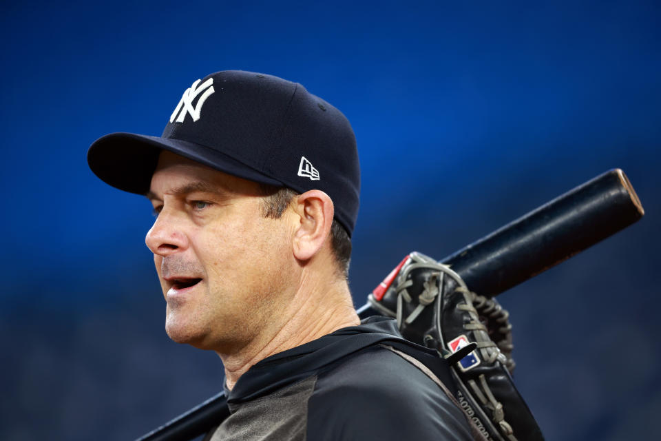 TORONTO, ON - SEPTEMBER 28:  Manager Aaron Boone of the New York Yankees speaks to the media prior to a game against the Toronto Blue Jays at Rogers Centre on September 28, 2023 in Toronto, Ontario, Canada.  (Photo by Vaughn Ridley/Getty Images)