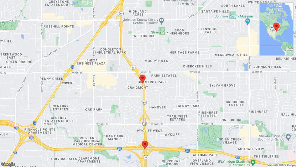 A detailed map that shows the affected road due to 'Drivers cautioned as heavy rain triggers traffic concerns on southbound US-69 in Overland Park' on May 19th at 10:53 p.m.