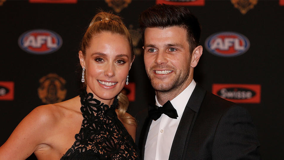 Trent Cotchin (R) of Richmond and his wife Brooke Cotchin arrive ahead of the 2016 Brownlow Medal. (Photo by Daniel Pockett/Getty Images)