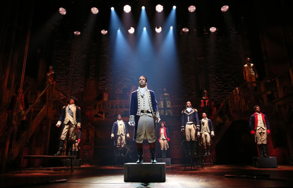 Lin-Manuel Miranda (center) stars as Alexander Hamilton in the musical "Hamilton."