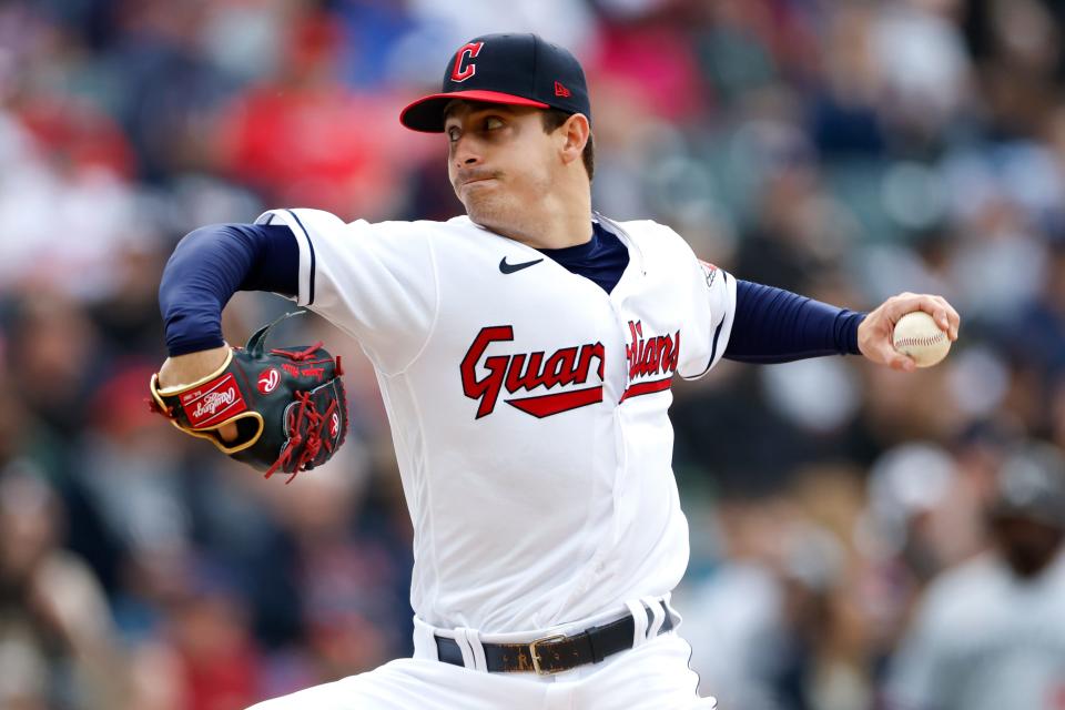 Cleveland Guardians starting pitcher Logan Allen delivers against the Minnesota Twins during the second inning of a baseball game, Saturday, May 6, 2023, in Cleveland. (AP Photo/Ron Schwane)