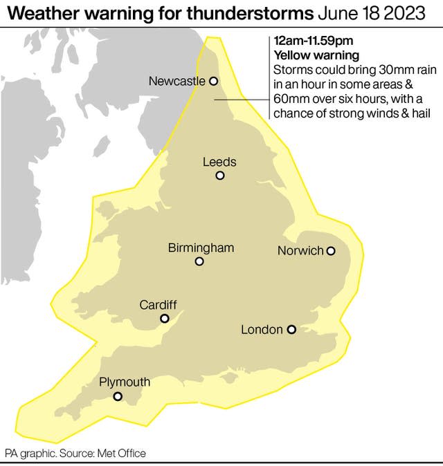 Weather warning for thunderstorms June 18