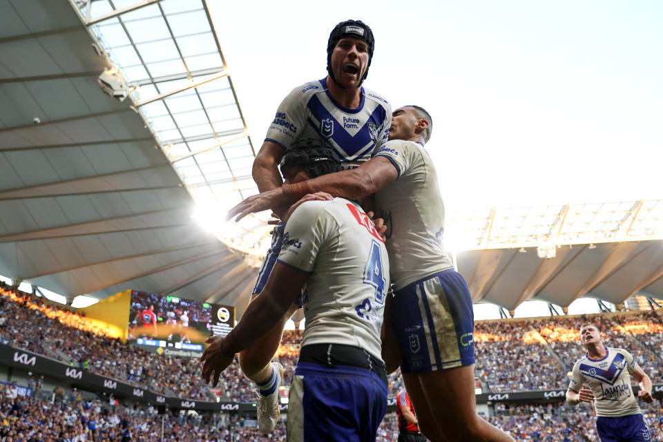 Stephen Crichton celebrates a try.