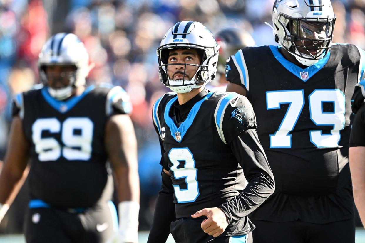 Carolina Panthers quarterback Bryce Young (9) on the field in the second quarter at Bank of America Stadium.