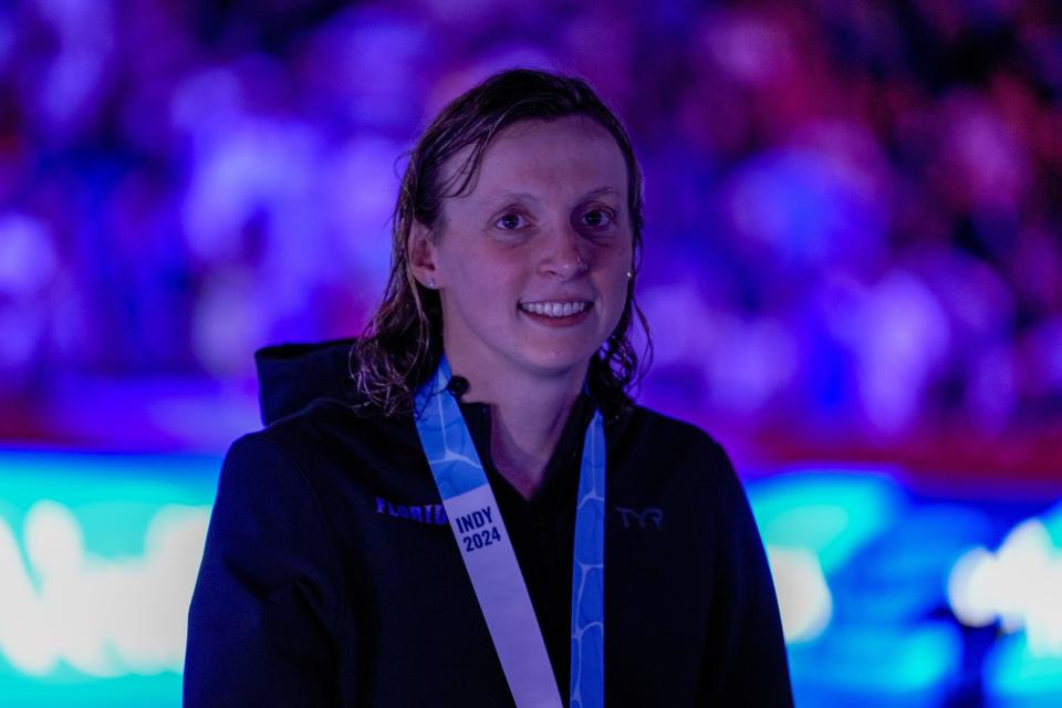 Katie Ledecky smiles after the Women's 800 freestyle finals Saturday, June 22, 2024, at the US Swimming Olympic Trials in Indianapolis. (AP Photo/Michael Conroy)