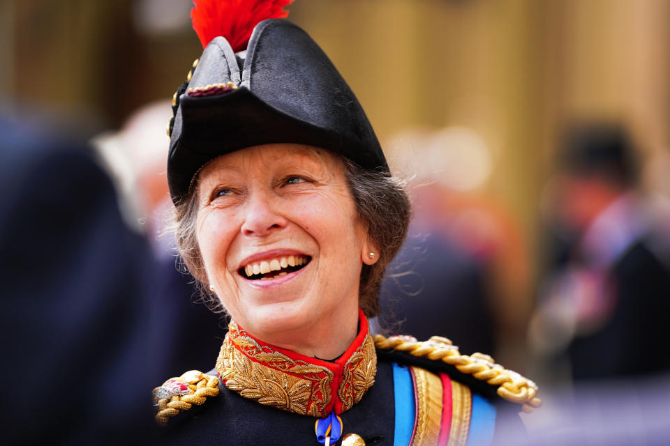 LONDON, ENGLAND - JUNE 15: Princess Anne, the Princess Royal, speaks with guests after the presentation of the new Sovereign's Standard to The Blues and Royals during a ceremony at Buckingham Palace on June 15, 2023 in London, England. The regiment will provide the Sovereign's Escort at Trooping The Colour on Saturday.  (Photo by Victoria Jones - Pool/Getty Images)