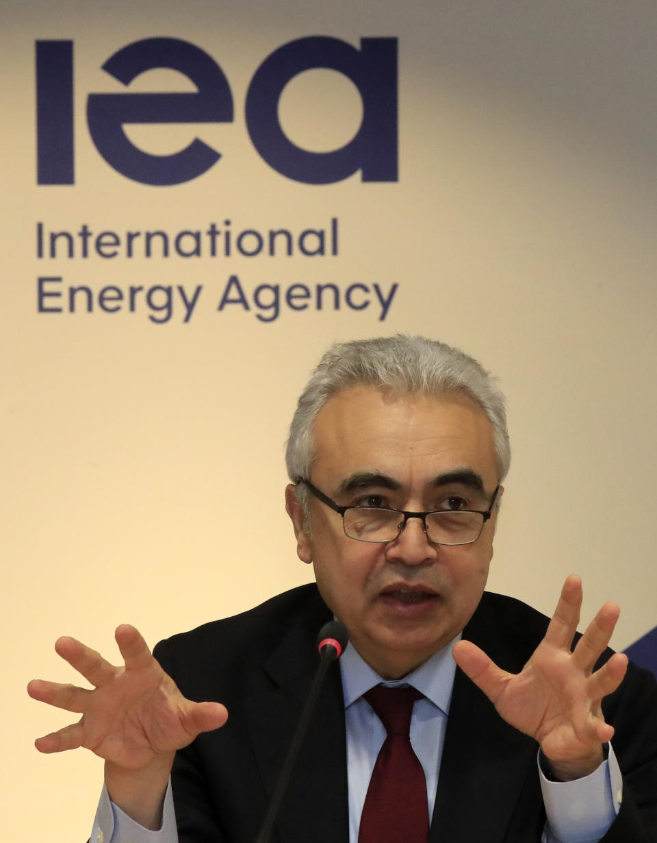 Executive Director of the International Energy Agency Fatih Birol speaks Wednesday, Nov. 13, 2019 in Paris. The world's thirst for oil will continue to grow until the 2030s and climate-damaging emissions will keep climbing until at least 2040 — unless governments rethink how we fuel our lives, according to an important global energy industry forecast. (AP Photo/Michel Euler)