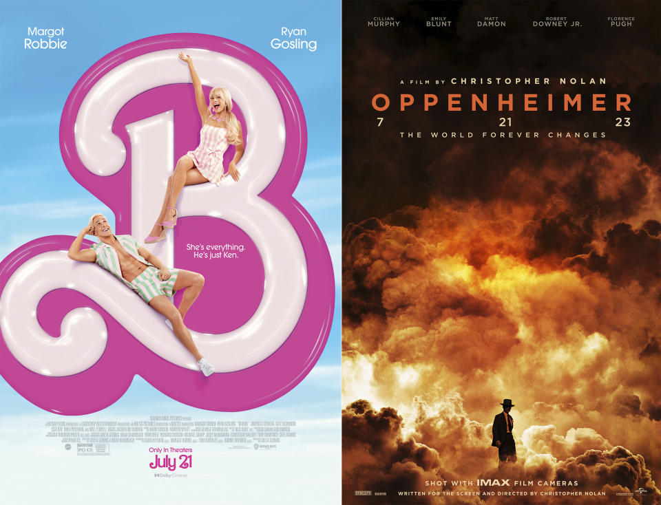 Esta combinación de imágenes muestra el arte promocional de "Barbie", a la izquierda, y "Oppenheimer". (Warner Bros Pictures/Universal Pictures vía AP)