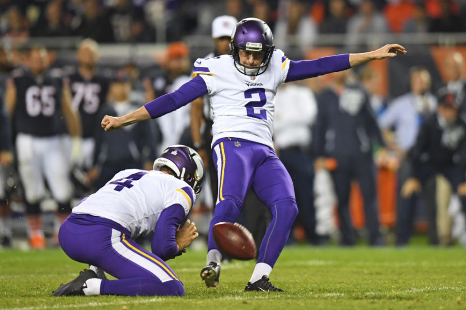 Oct 9, 2017; Chicago, IL, USA; Minnesota Vikings kicker Kai Forbath (2) kicks a field goal against the Chicago Bears during the first half at Soldier Field. Mandatory Credit: Patrick Gorski-USA TODAY Sports