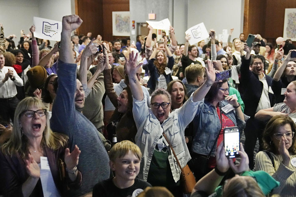 FILE - Issue 1 supporters cheer as they watch election results come in, Tuesday, Nov. 7, 2023, in Columbus Ohio. Ohio voters have approved a constitutional amendment that guarantees the right to abortion and other forms of reproductive health care. (AP Photo/Sue Ogrocki, File)