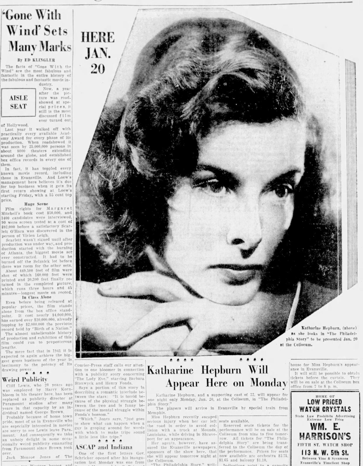 A clip from the Evansville Sunday Courier & Press showing Katharine Hepburn on Jan. 19, 1941. 