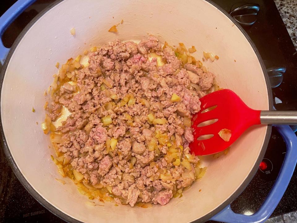 Adding sausage for Ina Garten's Rigatoni