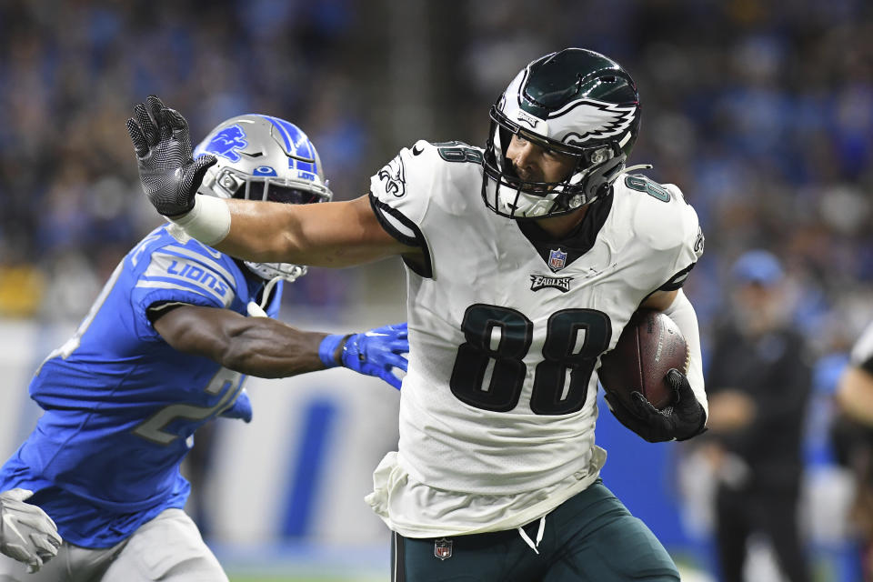 Philadelphia Eagles tight end Dallas Goedert (88) runs after a catch against the Detroit Lions in the first half of an NFL football game in Detroit, Sunday, Sept. 11, 2022. (AP Photo/Lon Horwedel)