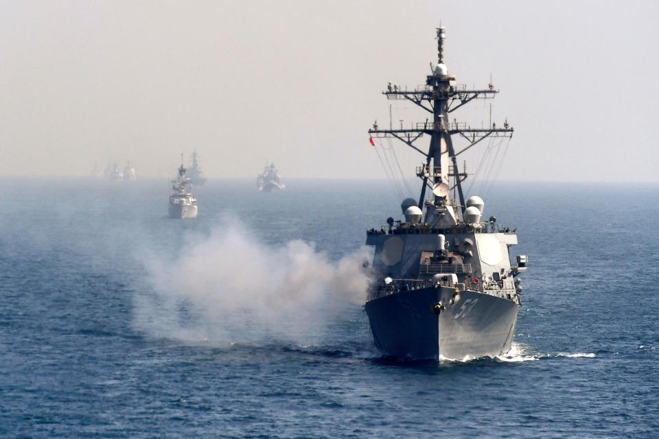 In this picture taken on February 15, 2021 Naval ships from various countries are pictured during the multinational naval exercise 'AMAN-21' in the Arabian Sea near Pakistan's port city of Karachi as some 45 countries participating with ships and observers. (Photo by Asif HASSAN / AFP) (Photo by ASIF HASSAN/AFP via Getty Images)