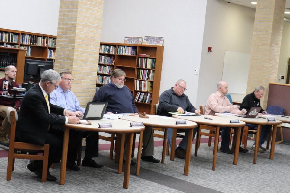 Baugo school officials lead a board meeting Monday, February 28, 2022 at Jimtown High School after a teacher was captured on video striking a student during school Friday, February 25, 2022.