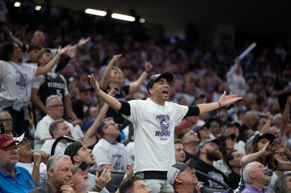 Sacramento Kings fans react to a call during Game 1 of the first-round NBA playoff series at Golden 1 Center on Saturday, April 15, 2023.