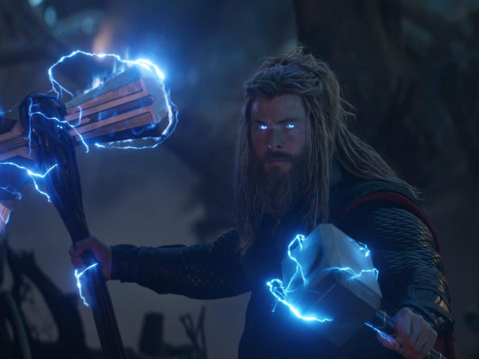 Thor wielding the Stormbreaker and Mjolnir in "Avengers: Endgame."