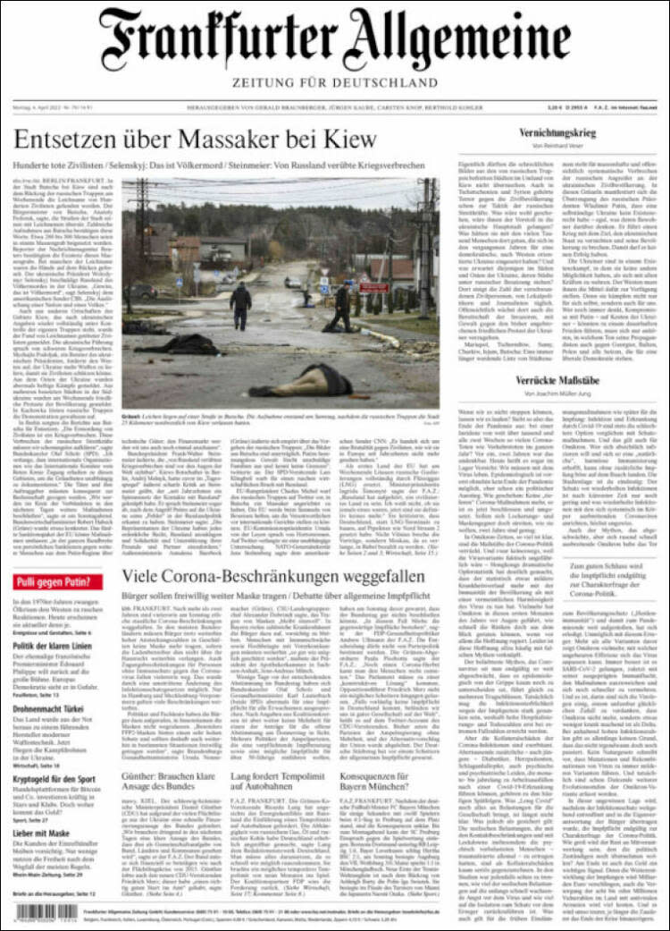 <p><strong>"Horror con la masacre cerca de Kiev"</strong></p> <p>El rotativo alemán abre su portada con este titular y una instantánea que refleja el dolor de Bucha.</p> <p>(Foto:<a href="https://www.faz.net/aktuell/" rel="nofollow noopener" target="_blank" data-ylk="slk:Frankfurter Allgemeine" class="link "> Frankfurter Allgemeine</a>)</p> 