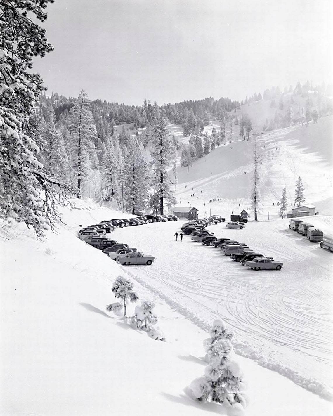 This 1955 photo shows cars parked at what remains Bogus Basin’s main parking lot.