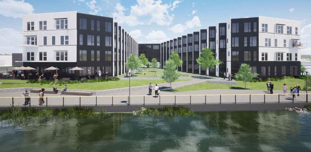 A view from the Fox River looking west of the two apartment buildings Merge Urban Development plans to construct in the Shipyard Redevelopment Area.